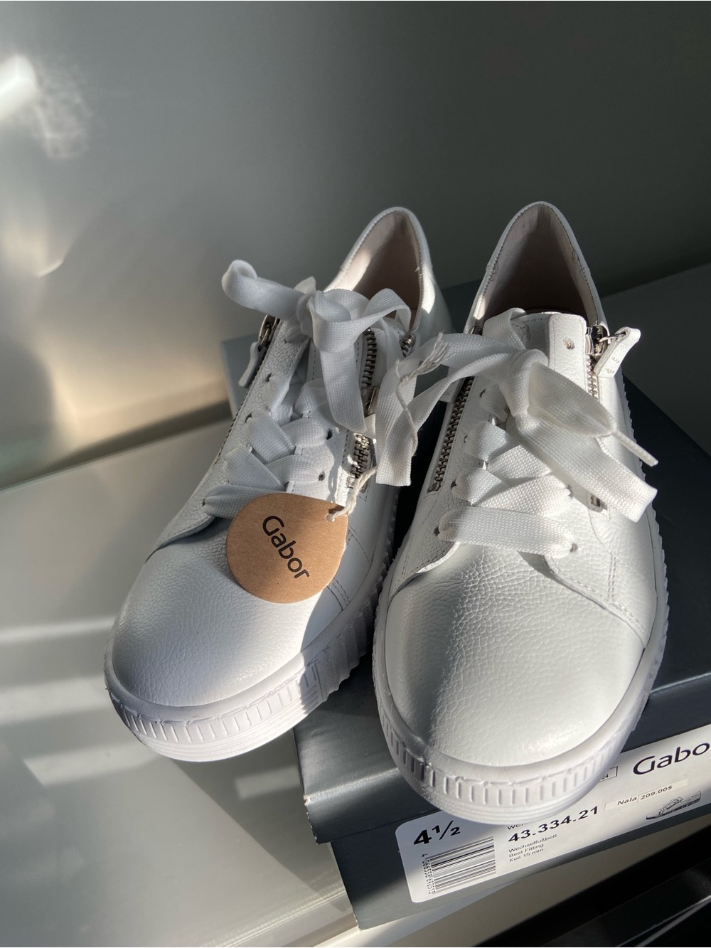 Gabor White Leather Ribbon Lace Sneakers with Side Zipper